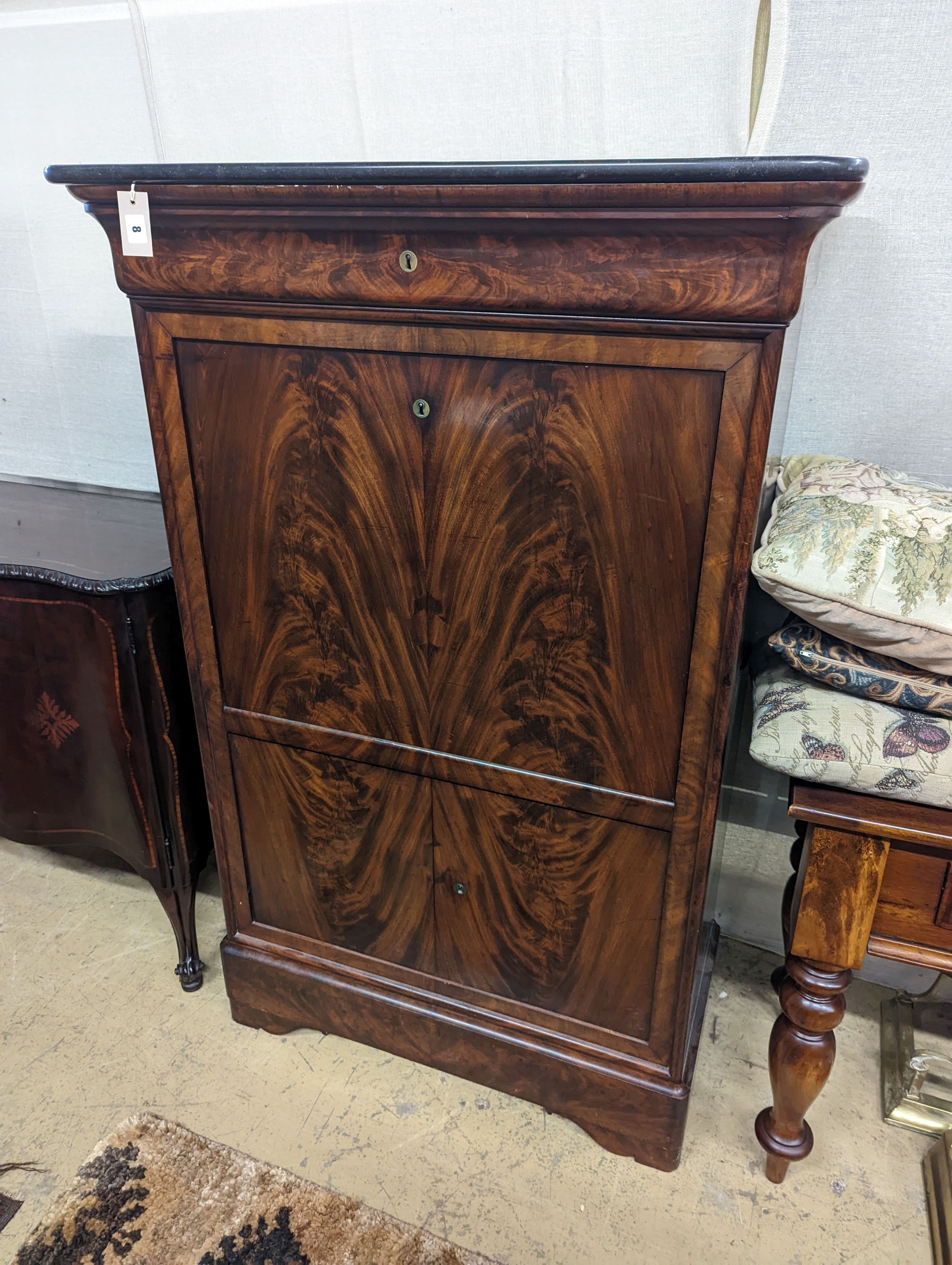 A 19th century French marble topped Louis Philippe secretaire a abattant, width 97cm, depth 47cm, height 148cm